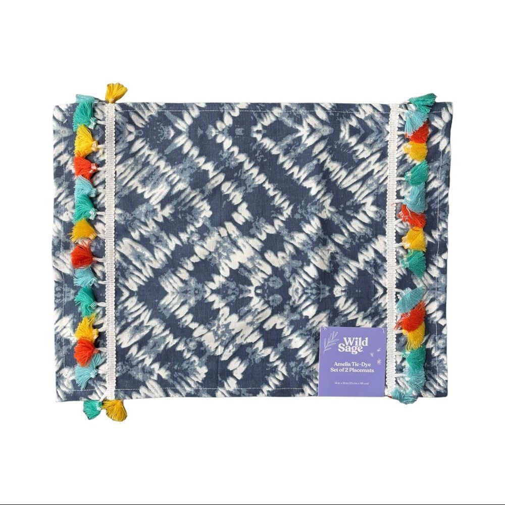 NWT Wild Sage Amelia Tie Dye Tassel Cotton Indigo Blue Placemats Set of 2
